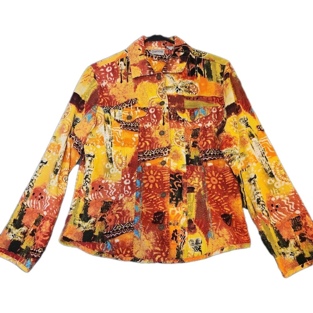 Chicos Multicolor Artsy Funky Colorful Corduroy Button-Up Jacket Top Sz 0 Small